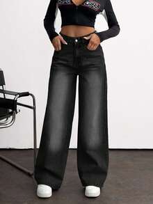 EURMUSE High Waist Baby Blue Wide Leg Denim Jeans - Dark Grey - View 3