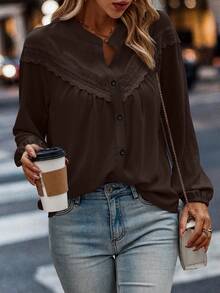 SHEIN LUNE Blouse mode femme grande taille col V manches longues en couleur unie avec patchwork en dentelle et boutonnage simple - Marron - Voir 5