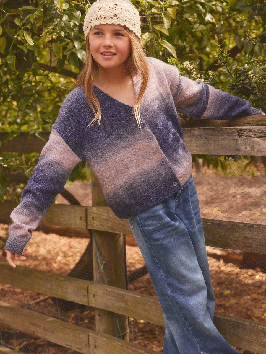 Cardigan ample à épaules tombantes dégradé pour préadolescentes, automne/hiver - Multicolore - Voir 1