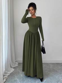 Rafferiza 女式纯色圆领针织拼接褶边长袖半开襟连衣裙 - 軍綠色 - 查看 8