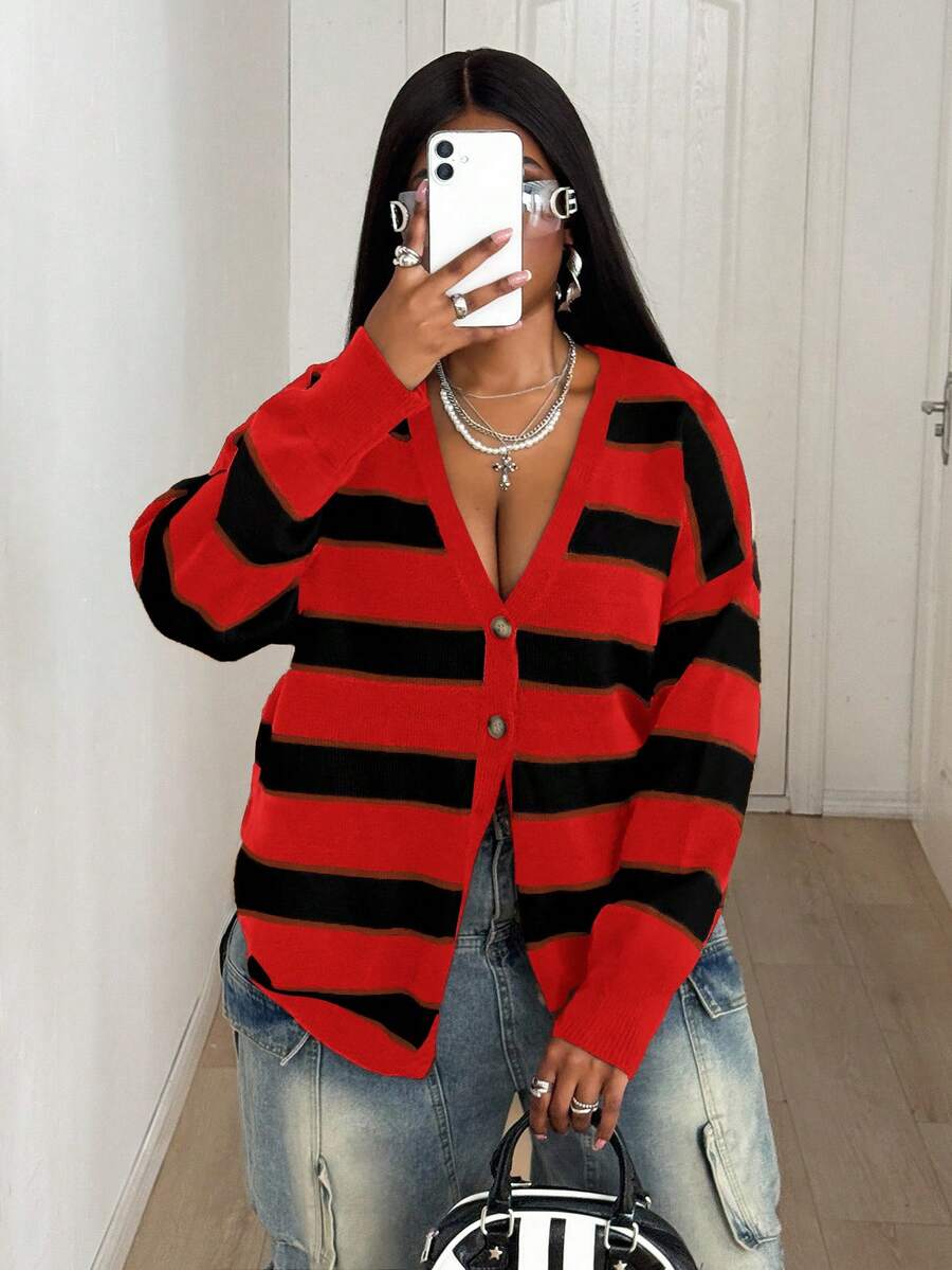 Maweii 大码女式冬季深V领撞色设计不对称条纹长袖开衫宽松休闲优雅 - 彩色 - 查看 1