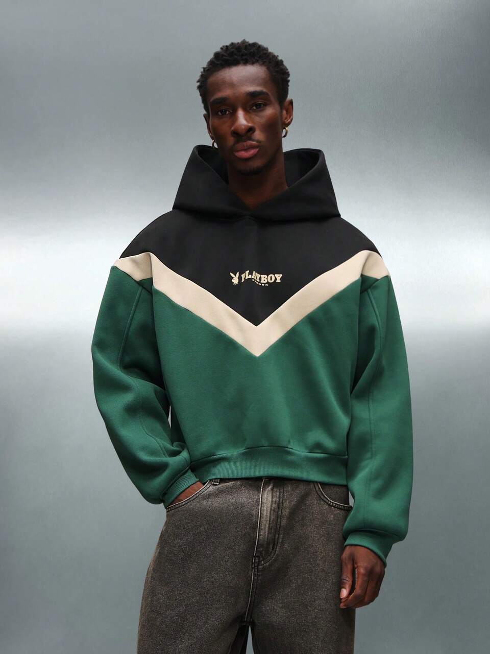 PLAYBOY X SUMWON Crop Fit Pullover Hoodie With Color Block Panel Design And Drawstring Hood