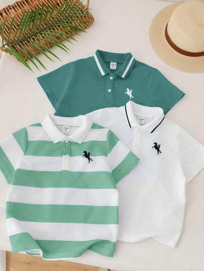 SHEIN 3 件套年轻男孩休闲运动学院风图案圆领短袖 Polo 衫套装，适合日常穿着、上学、户外活动、春夏季节