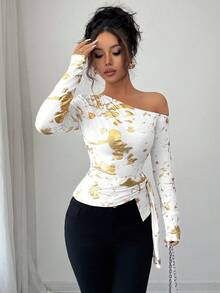 Elenzga Damen elegantes Metallic-Akzent asymmetrisches Schulter Langarm Twist Taille figurbetontes T-Shirt