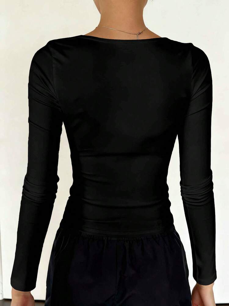 Women Square Neck Fitted Long Sleeve T-Shirt, Solid Color