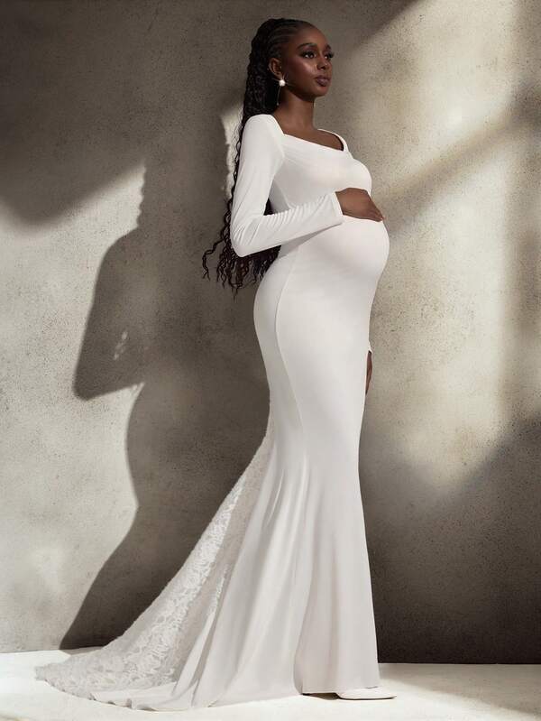 Cheriluna Maternity Elegant, Luxurious And Romantic White Long Sleeve Elastic Knit Ruffle Mermaid Tail Lace Maternity Photoshoot Dress