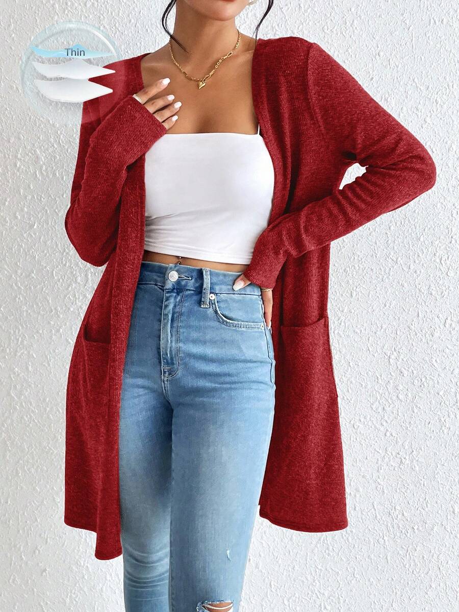 SHEIN Essnce Abrigo con bolsillos dobles y frente abierto sin camiseta interior para otoño/invierno - Rosa Roja - Ver 1