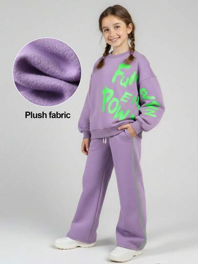 JNSQ Ensemble de 2 pièces pour préadolescentes, Sweat-shirt-shirt à manches longues doublé de polaire avec imprimé de lettres amusantes et pantalon de jogging ample, convient pour le port quotidien en automne/hiver, les activités de plein air, les vacances, le streetwear, les fêtes et les occasions décontractées