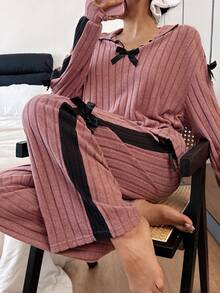 SHEIN Dream Adore 可爱罗纹拼接撞色滚边蝴蝶结装饰女士长袖上衣和裤子睡衣套装，秋冬服装 - 藕粉色 - 查看 5