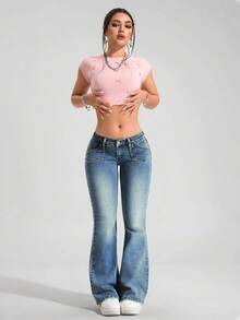 SHEIN ICON Jeans de pierna acampanada y delgada con bolsillo de color contrastante para mujer - Azul - Ver 6