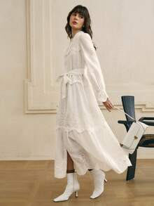 Cévolie 白色立领系带镂空刺绣长袖连衣裙 - 白色 - 查看 1