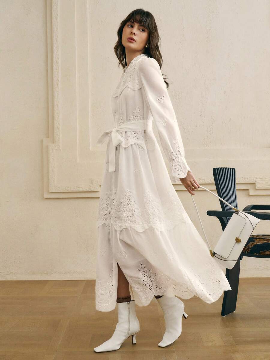 Cévolie 白色立领系带镂空刺绣长袖连衣裙 - 白色 - 查看 1
