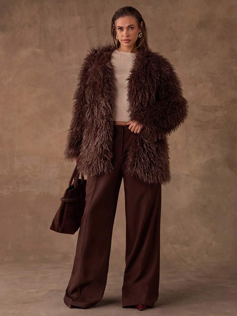 SHEIN BAE Autumn/Winter Fashion Luxurious Brown Solid-Color Faux Fur Coat Commuter Style Fall/Winter Collection Warm Fur Coat For Autumn/Winter Glamorous Fur Coat Perfect For Party Outfits Birthday Party Coat Gathering Fur Coat - Purple - View 1