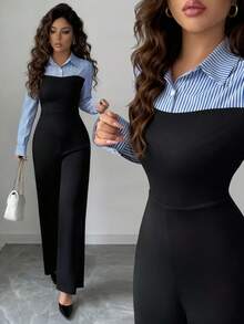 Elenzga Women's Elegant Casual Commute Daily Outing Striped Patchwork Jumpsuit With Buttons