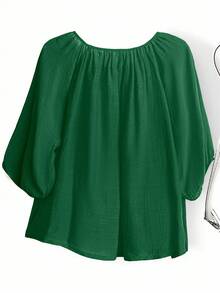 Linhara Plus Size Women's Solid Color Round Neck Lantern Sleeve Pleated Loose Blouse - Dark Green - View 2