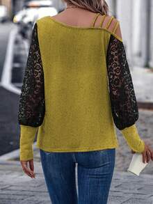 EMERY ROSE 女士撞色蕾丝斜肩长袖时尚衬衫 - 黃色 - 查看 2