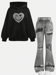 SHEIN Girlism 2pcs/Set Teen Girls Casual Street Style Heart & Face Graffiti Print Loose Fit Hoodie Sweatshirt And Flare Pants, Suitable For Autumn/Winter, Suitable For Home, Outings, Street Photography