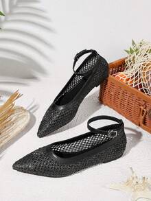 Zapatos casuales de mujer con punta puntiaguda, de tela tejida, color marrón café, cómodos para uso diario, fiestas, playa, con diseño de cordones - Negro - Ver 2