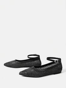 Zapatos casuales de mujer con punta puntiaguda, de tela tejida, color marrón café, cómodos para uso diario, fiestas, playa, con diseño de cordones - Negro - Ver 4