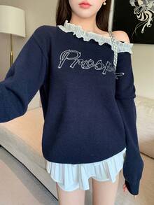 DAZY 女式拼色蕾丝拼布水钻字母图案提花宽松针织毛衣，适合秋季、冬季、新年、圣诞节 - 藏蓝色 - 查看 7