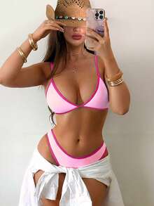 Swim SXY 夏季海滩绑带比基尼套装三角文胸和高叉下装两件套比基尼粉色泳衣泳装套装女式 - 粉色 - 查看 5