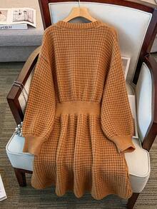 GlowEve CURVE Váy len dệt kim dày tay đèn lồng cổ chữ V cỡ lớn dáng chữ A, màu trơn, mùa đông - Màu Khaki - Xem 2