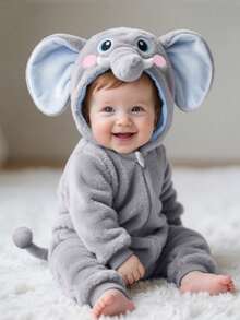 SHEIN Newborn Cute Plush 3D Bear Ear Hooded Long Sleeve Jumpsuit Outfit - Light Grey - View 1