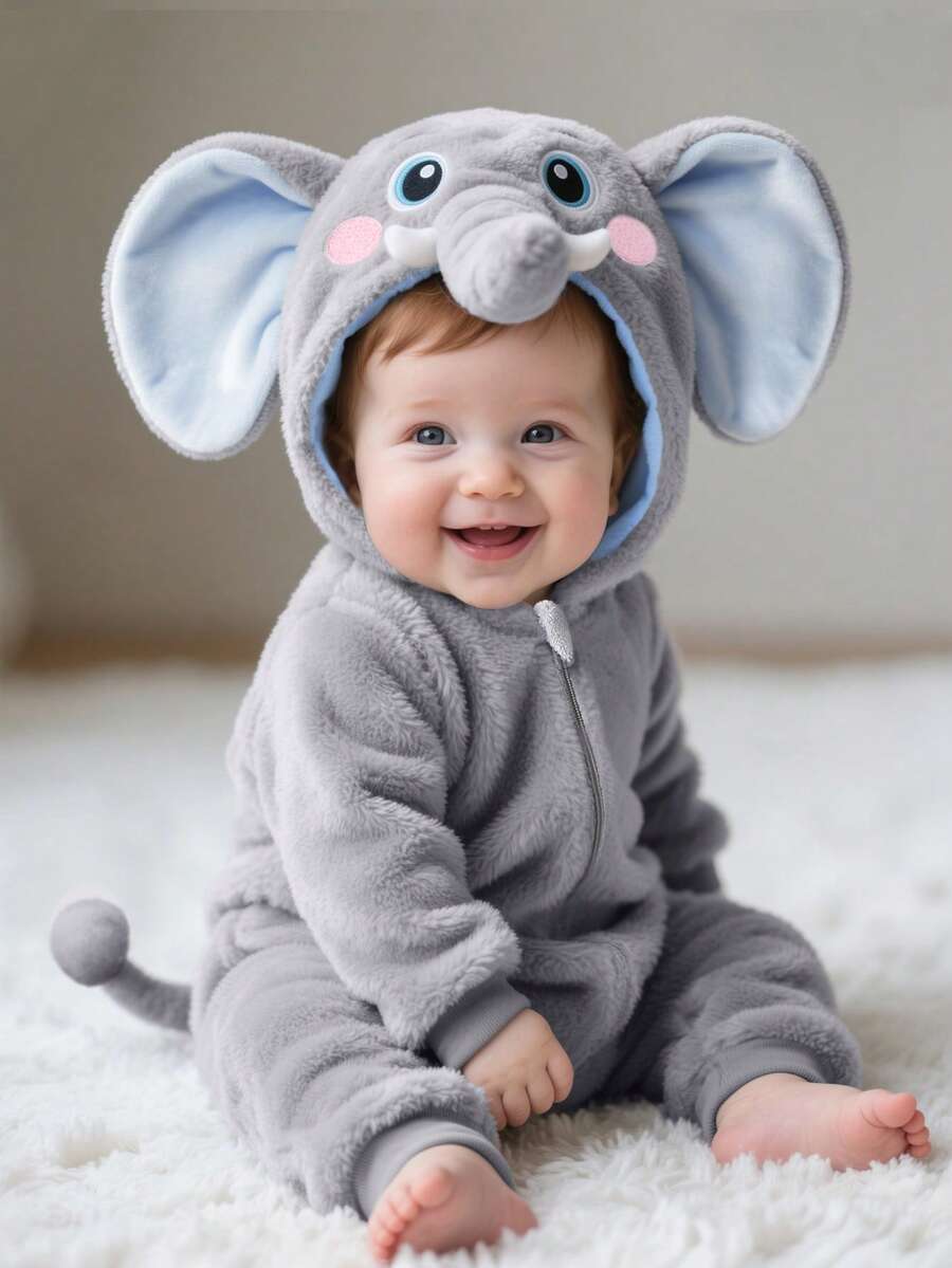 SHEIN Newborn Cute Plush 3D Bear Ear Hooded Long Sleeve Jumpsuit Outfit - Light Grey - View 1