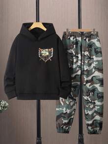 2 件套青少年（男孩）休闲街头运动棒球印花连帽运动衫搭配迷彩抽绳慢跑裤套装，春秋冬 - 軍綠色 - 查看 7