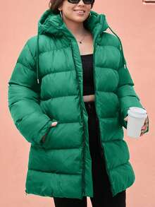 EURMUSE Plus Size Zip Up Drawstring Hooded Padded Coat - Dark Green - View 6