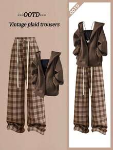 Franclia 女式休闲格子宽松裤，秋冬 - 棕色 - 查看 4