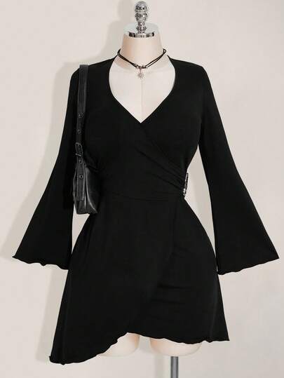 SHEIN ICON Plus Size Black Y2K Crossover Neckline Metal Buckle Decor Long Sleeve Dress