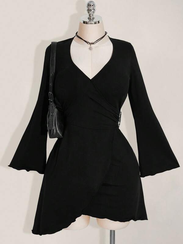 SHEIN ICON Plus Size Black Y2K Crossover Neckline Metal Buckle Decor Long Sleeve Dress
