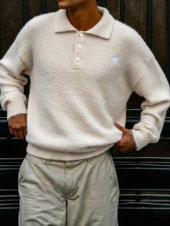 Manfinity CasualKnits Men's Heart Pattern Polo Neck Long Sleeve Casual Sweater, Autumn/Winter Cream Outfit Men Sweater Polo Men Beige Men Outfit Men Buttoned Knitted Polo Men Nude Outfit