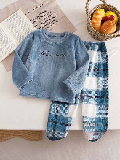 2pcs Young Boy Knitted Crew Neck Fleece Embroidered English Sweatshirt And Retro Plaid Pants Soft Fashion Casual Homewear Set, Long Sleeve Top And Pants Casual Pajamas Sets  Suitable For Fall&Winter Best Christmas Gift For Boy Pajama Sets