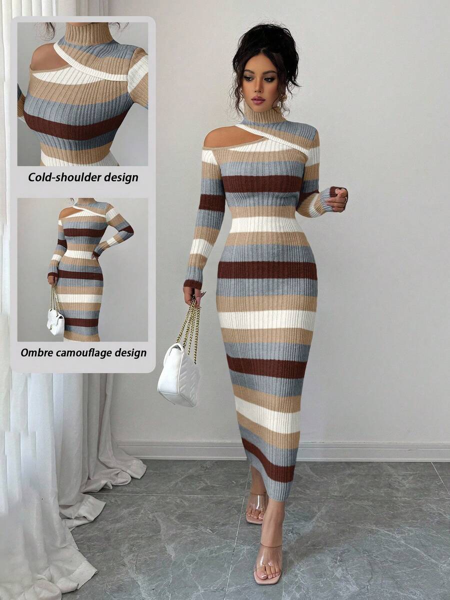 Elenzga Váy ôm sát midi hở vai ombre thanh lịch, thu/đông - Màu Khaki - Xem 1