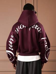 SUMWON 短款男式全拉链连帽衫，带文字图案，酒红色休闲秋冬外套 - 酒紅色 - 查看 5