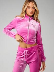 Missguided x Playboy Velour Zip Up Jacket With Embellished Logo Detail And Ribbed Cuffs For Casual Winter Outfits - Pink - View 4