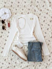 Tween Girls Casual Street Style Bow Embroidered Graphic Long Sleeve T-Shirt - White - View 2