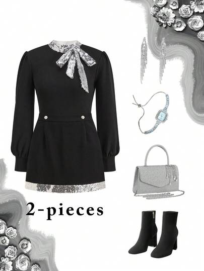 Ellevyn Conjunto de 2 piezas de top de manga larga con parches de lentejuelas negras y lazo + pantalones de falda para mujer de talla grande