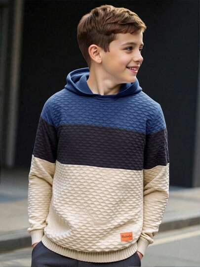 SHEIN Tween Boy Jacquard Contrast Color Sweatshirt, Affordable For First Day Of School, Can Be Paired With Boy's Shirt, White Pants, Boy's Jacket, Boy's Pants, Solid Color T-Shirt, Cartoon Shirt, Gray Hoodie, Boy's Sweatshirt, Jeans