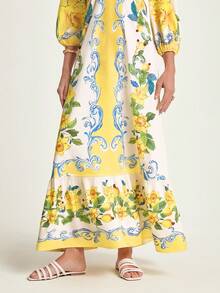 CAJUNI Đầm tay phồng cổ chữ V sâu in hoa thời trang cho nữ, thích hợp cho kỳ nghỉ - Nhiều màu - Xem 6