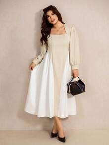 Elaquor Plus Size Elegant Minimalist Fashion Patchwork Ruched Square Neck Midi Dress For Women