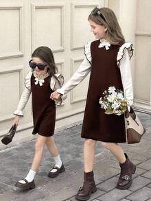 SHEIN Tween Girls Apricot Dark Brown Jacquard Bow Tie Off-The-Shoulder Long Sleeve Sweater Dress,Vintage Autumn Back-To-School Family Matching Formal Dress - Brown - View 6