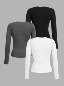SHEIN Leap Crew 3pcs/Set Teen Girls' Casual Basic Black, White, Gray Fitted High Waist Cropped Long Sleeve T-Shirts, Suitable For Autumn/Winter - Multicolor - View 2