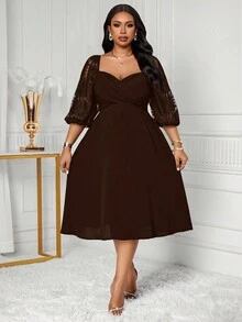 SHEIN Lady Váy dài tay màu trơn cỡ lớn, tối giản và thời trang, phù hợp cho mùa hè Váy lễ Phục sinh cho nữ Váy tốt nghiệp Váy dự tiệc cưới cho nữ Váy dự tiệc cưới cho nữ Váy công sở thường ngày cho nữ - màu nâu - Xem 4