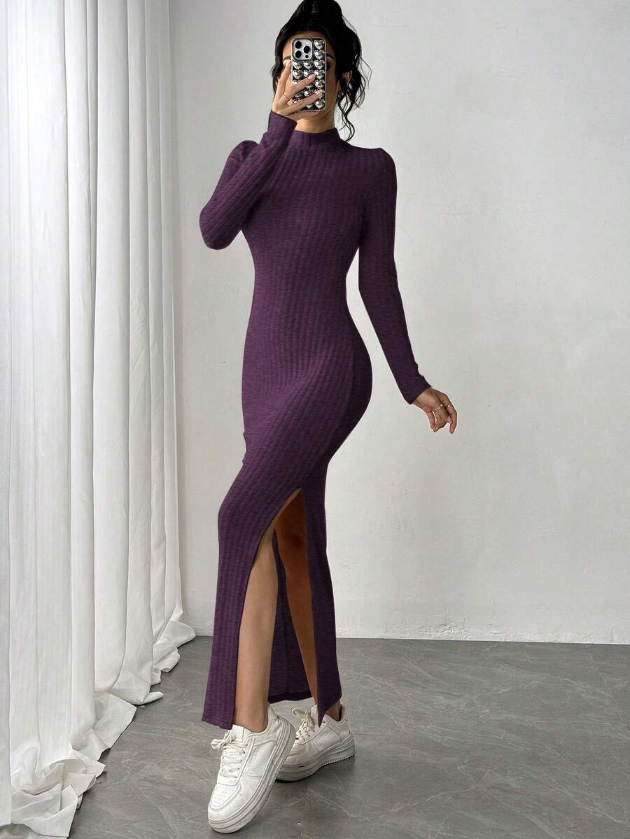 Siren Gaze Women Long Side Slit High Neck Long Sleeve Dress, Women Dresses Ribbed Dresslong Dress Winterlong Sweater Dresslong Bodycon Dressslit Dress Casual Purple Spring - Purple - View 1