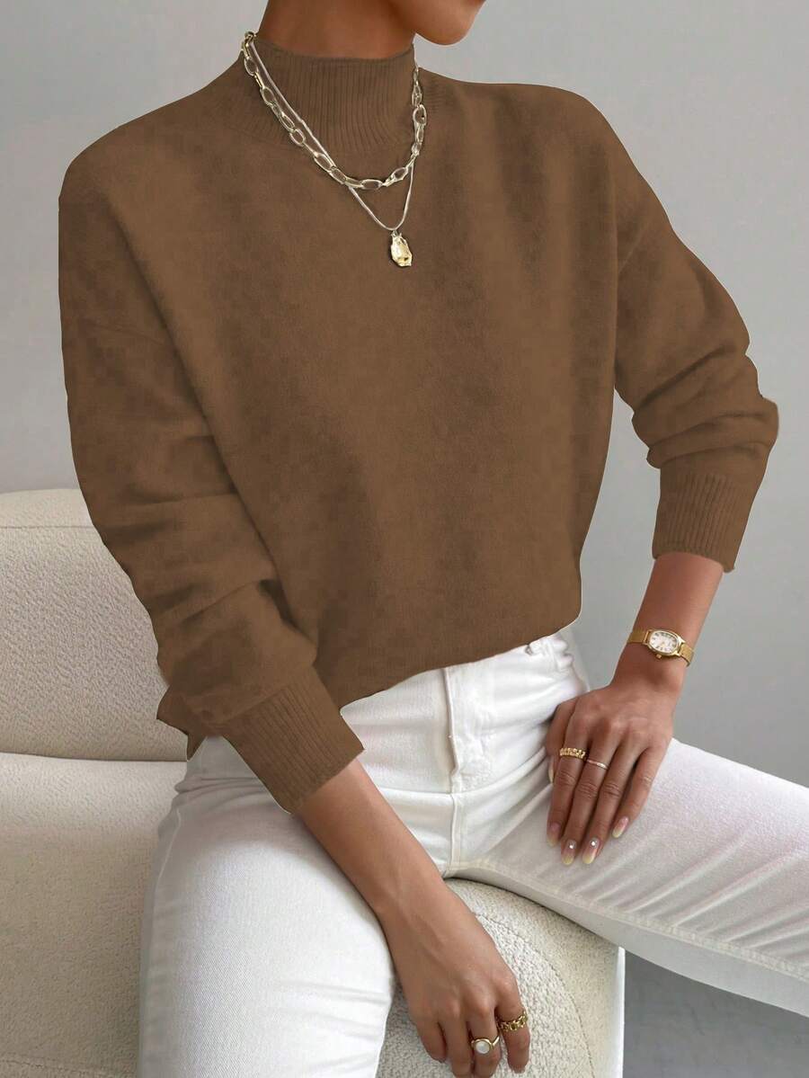LanaWest Casual Solid Color Stand Collar Sweater, Autumn/Winter - Chocolate Brown - View 1