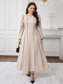 Modelyn 大码女式圆领泡泡袖牙签条纹优雅连衣裙 - 卡其色 - 查看 5