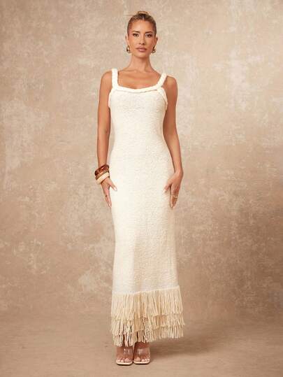 Lumalex Ivory Textured Knit Bodycon Maxi Dress With Braided Straps, Square Neckline, Layered Fringe Hem & Back Slit Detail, Perfect For Summer, Easter, Vacation, Holiday, Spring-Break Trips, Cruises, Beach Weekends, Vacations, Parties, Date Nights, Honey Moon, Weddings, Proms, Banquets, Birthdays, Carnivals, Festivals, And Other Holiday Events, Boho-Casual Flair, Quiet Luxury, Business Chic, And Relaxed Vacay Elegance, Style For Luxury Proms, Receptions, Banquets, Weddings, Raves, Festivals, Holiday Gatherings, Outdoor Evening Occasions-Ideal, Party Looks, Summer Dress, Summer Dresses For Women, Spring Outfit Women, Beach Dress, Beach Outfits, Carnival Women Look 2026, Party Dress, Elegant Party Dresses For Women, Wedding Guest Dress For Women, Elegant Dresses For Women, Vacation Outfits For Women, Vacation Dress